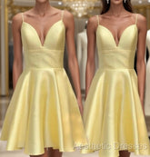 Yellow Satin Short Graduation Evening Prom Dresses ,Spaghetti Straps Homecoming Dresses